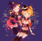  2girls ^_^ ayase_eli black_gloves black_legwear blonde_hair blue_eyes breasts capelet character_name cleavage closed_eyes dancing_stars_on_me! dated detached_collar elbow_gloves garter_straps gloves grin hair_ornament happy_birthday hat kneehighs kneeling love_live!_school_idol_project midriff miniskirt multiple_girls navel pechika pink_shoes ponytail purple_hair scrunchie shoes sitting skirt smile star star_hair_ornament thigh-highs toujou_nozomi twintails twitter_username wand witch witch_hat wrist_cuffs 