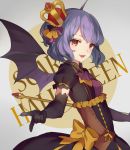  1girl alternate_costume bat_wings black_gloves crown dress elbow_gloves fang gloves hillly_(maiwetea) looking_at_viewer mini_crown multicolored_dress open_mouth puffy_short_sleeves puffy_sleeves purple_hair red_eyes remilia_scarlet short_sleeves smile solo touhou wings 