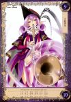  1girl breasts cape cleavage curly_hair despina_(queen&#039;s_blade) hat highres instrument kure_masahiro large_breasts long_hair long_sleeves looking_at_viewer pointy_ears purple_hair queen&#039;s_blade queen&#039;s_blade_grimoire revealing_clothes simple_background solo violet_eyes white_background 