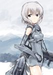  1girl bare_shoulders bodysuit busou_shinki cowboy_shot elbow_gloves from_side gauntlets gloves gun kanna_ryouto looking_to_the_side mecha_musume original short_hair snow solo tagme violet_eyes weapon white_hair 
