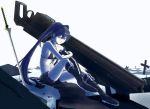  1girl arm_cannon bikini_top black_hair black_rock_shooter black_rock_shooter_(character) blue_eyes boots byo_(daigakunote) checkered highres katana long_hair midriff scar shorts solo sword twintails uneven_twintails weapon 