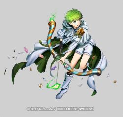  1boy bow_(weapon) copyright_notice fire_emblem fire_emblem_heroes full_body ghost_costume green_hair grey_background holding holding_bow_(weapon) holding_weapon male_focus mikurou_(nayuta) official_art pumpkin rolf_(fire_emblem) rolf_(halloween)_(fire_emblem) simple_background solo weapon white_footwear 
