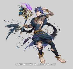  1boy blue_eyes blue_hair copyright_name fire_emblem fire_emblem:_new_mystery_of_the_emblem fire_emblem_heroes full_body grey_background holding holding_mace holding_weapon kris_(fire_emblem) kris_(male)_(fire_emblem) mace male_focus mikurou_(nayuta) official_art sandals short_hair simple_background solo weapon 