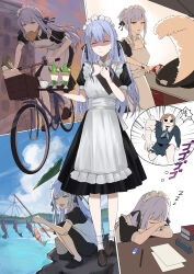  2girls absurdres anger_vein bang_dream! bang_dream!_it&#039;s_mygo!!!!! bicycle black_dress black_footwear black_ribbon blue_skirt bread bread_slice brown_footwear bucket closed_eyes closed_mouth commentary crocs dress english_commentary fishing food food_in_mouth fried_rice_prank_(meme) hair_bun hair_ribbon haizou_bingsan highres holding holding_tray loafers long_sleeves looking_at_viewer maid maid_headdress meme menacing_(jojo) mouth_hold multiple_girls nagasaki_soyo nervous_sweating parody_request puffy_short_sleeves puffy_sleeves ribbon school_uniform shoes short_sleeves single_hair_bun skirt sleeping socks solo squatting sweat toast toast_in_mouth togawa_sakiko tray tsukinomori_school_uniform white_socks yellow_eyes zzz 