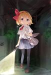  1girl bag black_legwear blonde_hair blue_eyes blush flashlight hair_ribbon highres kuroba_u looking_at_viewer open_mouth pantyhose protagonist_(yomawari) ribbon short_hair solo yomawari 