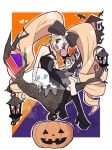  1girl bandages bare_shoulders bat black_boots blonde_hair blue_eyes boots bow dress drill_hair earrings eyepatch hair_bow halloween harime_nui heart jack-o&#039;-lantern jewelry kill_la_kill lantern long_hair sitting skull smile solo strapless_dress twin_drills twintails 