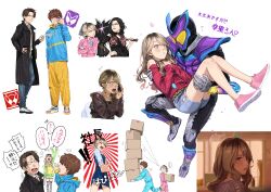  2boys 2girls absurdres amane_sachika bare_shoulders blonde_hair brown_eyes carrying commentary_request earrings grotta gyaru hair_tie highres holding holding_phone inoue_shouma jewelry kamen_rider kamen_rider_gavv kamen_rider_gavv_(series) karakida_hanto multiple_boys multiple_girls phone princess_carry tokusatsu yakimi_27 