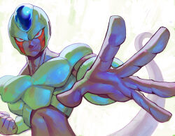  1boy alien bald clenched_hand colored_skin cooler_(dragon_ball) dragon_ball dragon_ball_z facial_mark garrett_hanna looking_at_viewer male_focus muscular muscular_male outstretched_hand purple_skin red_eyes smirk solo tail upper_body white_background 