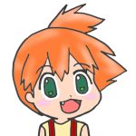  1girl blush commentary_request dot_nose fang green_eyes gyate_gyate kasumi_(pokemon) orange_hair pokemon pokemon_(anime) solo 