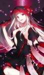  1girl black_dress breasts cleavage detached_sleeves dress fate/grand_order fate_(series) flower hair_flower hair_ornament irisviel_von_einzbern long_hair looking_at_viewer open_mouth red_eyes sideboob silver_hair sleeveless sleeveless_dress solo upscaled waifu2x 