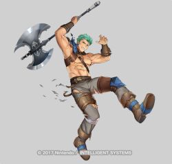  1boy armor axe brown_footwear clenched_teeth copyright_notice dieck_(fire_emblem) fire_emblem fire_emblem:_the_binding_blade fire_emblem_heroes green_eyes green_hair grey_background grey_pants holding holding_axe male_focus mikurou_(nayuta) muscular muscular_male official_art pants pauldrons shoulder_armor simple_background single_pauldron solo teeth topless_male torn_clothes 