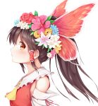  1girl ascot bare_shoulders black_hair blush brown_eyes butterfly_hair_ornament detached_sleeves dress flower hair_flower hair_ornament hair_tubes hakurei_reimu highres igakusei long_hair looking_at_viewer ponytail red_dress red_eyes solo touhou upper_body 