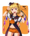  1girl alternate_costume ascot bat belt blonde_hair brooch commentary_request cowboy_shot fangs flandre_scarlet halloween halloween_costume highres jack-o&#039;-lantern_hair_ornament jewelry kitano_(kitanosnowwhite) mini_witch_hat nail_polish open_mouth puffy_short_sleeves puffy_sleeves red_eyes shirt short_sleeves shorts side_ponytail slit_pupils smile tailcoat thighs touhou wings wrist_cuffs yellow_nails 