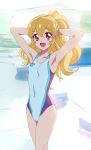  :d aikatsu! blonde_hair competition_swimsuit covered_navel highres hoshimiya_ichigo long_hair looking_at_viewer makacoon one-piece_swimsuit open_mouth ponytail red_eyes smile swimsuit 