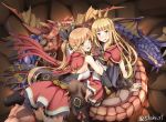  2girls :d arm_support bangs between_thighs black_bow black_legwear blonde_hair blush boots bow bracelet brown_hair cagliostro_(granblue_fantasy) cape clarisse_(granblue_fantasy) dragon gloves granblue_fantasy hair_bow hair_ornament hairband highres jewelry leaning_back leaning_forward long_hair looking_at_viewer multiple_girls open_mouth orange_hair ponytail shake_(ferit3) sitting skirt sleeveless smile thigh-highs tiara v very_long_hair 