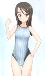  bare_arms bare_shoulders brown_eyes brown_hair clenched_hand collarbone competition_swimsuit hand_on_hip long_hair narrow_waist one-piece_swimsuit simple_background standing striped striped_swimsuit swimsuit takafumi thigh_gap 