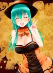  1girl alternate_costume bat breasts cleavage closed_eyes collarbone facing_viewer green_hair hair_ornament hairclip halloween hand_on_own_chest hat highres kantai_collection large_breasts lips long_hair silk solo spider_web suzuya_(kantai_collection) upper_body v weavehabit witch_hat 
