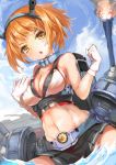  1girl bare_arms bare_shoulders blue_sky breasts brown_eyes brown_hair cannon cleavage clouds crop_top firing gloves headgear kantai_collection looking_at_viewer midriff mutsu_(battleship) mutsu_(kantai_collection) navel open_mouth skirt sky solo umagenzin water white_gloves 