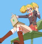  1girl aikatsu! bench blonde_hair blue_background blue_eyes boots bow glasses hair_bow highres makacoon ok_sign red-framed_glasses saegusa_kii school_uniform sitting skirt solo twintails x-ray 