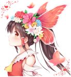  1girl ascot bare_shoulders black_hair blush brown_eyes butterfly butterfly_hair_ornament detached_sleeves dress flower hair_flower hair_ornament hair_tubes hakurei_reimu igakusei long_hair looking_at_viewer ponytail red_dress red_eyes solo touhou upper_body yin_yang 