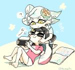  2girls aori_(splatoon) black_hair blush cheek_squash closed_eyes food food_on_head game_console hotaru_(splatoon) lap_pillow long_hair magazine mask mole mole_under_eye multiple_girls object_on_head penguinbu pointy_ears short_hair splatoon tagme tentacle_hair white_hair 