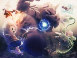  1boy black_eyes black_shorts brown_eyes charizard fighting galleom giratamaai heavy_breathing highres hydrokinesis ivysaur light_particles male_focus open_mouth pokemon_(creature) psychic red_(pokemon) shirt shorts squirtle striped_clothes striped_shirt super_smash_bros. telekinesis water 