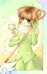  1girl artist_name bangs bare_shoulders barlee blunt_bangs cardcaptor_sakura choker dress elbow_gloves gloves green green_dress green_eyes green_gloves hoshi_no_tsue kero kinomoto_sakura short_hair short_twintails twintails 