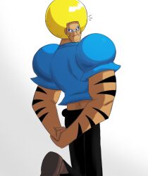 1boy afro black_pants blonde_hair bobobo-bo_bo-bobo bobobo-bo_bo-bobo_(character) brown_shoes funnymanoopsy gradient_background hands_together leg_up looking_at_viewer looking_back pants shaded shoes