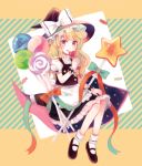  1girl :q apron blonde_hair bobby_socks candy hat hat_ribbon kirisame_marisa lollipop long_hair looking_at_viewer mary_janes mozukuzu_(manukedori) puffy_short_sleeves puffy_sleeves ribbon shoes short_sleeves sitting_on_object socks solo striped striped_background tongue tongue_out touhou waist_apron witch_hat wrist_cuffs yellow_eyes 