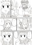  2girls absurdres comic hand_on_own_cheek hat highres hoodie kantai_collection monochrome multiple_girls re-class_battleship short_hair smile squatting translation_request wo-class_aircraft_carrier 