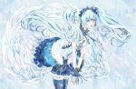 1girl 7th_dragon_(series) 7th_dragon_2020 angel_wings bare_shoulders blue blue_dress blue_eyes blue_legwear choker colored_eyelashes cowboy_shot dress feathered_wings hatsune_miku headdress lace-trimmed_choker lace_trim leaning_forward long_hair looking_at_viewer nazo_(mystery) open_mouth ribbon ribbon_choker side_glance small_breasts solo strapless_dress thigh-highs very_long_hair vocaloid white_dress wings zettai_ryouiki 