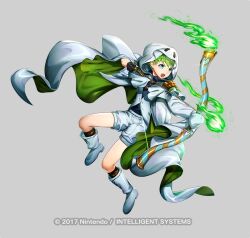  1boy bow_(weapon) copyright_notice fire_emblem fire_emblem_heroes full_body ghost_costume green_hair grey_background holding holding_bow_(weapon) holding_weapon male_focus mikurou_(nayuta) official_art pumpkin rolf_(fire_emblem) rolf_(halloween)_(fire_emblem) simple_background solo weapon white_footwear 