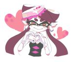  +_+ 1girl aori_(splatoon) bare_shoulders black_hair blush detached_collar domino_mask earrings eyelashes gloves hat heart heart_hands jewelry long_hair looking_at_viewer mask mebuita mole mole_under_eye multicolored_hair pointy_ears smile solo splatoon tentacle_hair two-tone_hair yellow_eyes 
