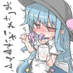  1girl blue_hair blush food fruit hat hinanawi_tenshi kureha_mitsushige long_hair peach red_eyes slime solo sweat touhou 