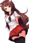  1girl animal_ears arms_behind_back black_legwear blush breasts brooch brown_hair fang fang_out highres imaizumi_kagerou jewelry long_hair looking_at_viewer red_eyes shone short_sleeves simple_background smile solo tail thigh-highs touhou white_background wolf_ears wolf_tail zettai_ryouiki 