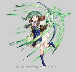  1girl arrow_(projectile) backpack bag boots bow_(weapon) bridal_gauntlets copyright_notice dress fire_emblem fire_emblem_fates fire_emblem_heroes full_body green_hair grey_background holding holding_bow_(weapon) holding_weapon japanese_clothes kimono leg_up long_hair long_sleeves midori_(fire_emblem) mikurou_(nayuta) official_art simple_background smile solo tongue tongue_out twintails violet_eyes weapon 