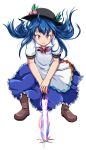 1girl blue_hair blue_skirt boots food fruit hat hinanawi_tenshi kanisawa_yuuki looking_at_viewer peach red_eyes skirt smile solo sword_of_hisou touhou