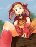  1girl bangs blonde_hair blue_eyes cape from_below gloves headpiece open_mouth original red_cape red_gloves short_hair sitting skirt_hold 