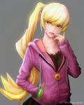  1girl artist_name blonde_hair collarbone fangs grey_background hand_in_pocket highres hooded_jacket long_hair monogatari_(series) oshino_shinobu parted_lips pointy_ears side_ponytail simple_background solo tetsuok9999 very_long_hair yellow_eyes 
