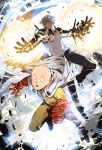  2boys bald black_sclera blonde_hair broken building cape clenched_hand commentary cyborg destruction empew genos gloves looking_at_viewer multiple_boys official_style onepunch_man open_mouth red_gloves saitama_(onepunch_man) short_hair smile white_cape yellow_eyes zipper 