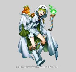  1boy bow_(weapon) copyright_notice fire_emblem fire_emblem_heroes full_body ghost_costume green_hair grey_background holding holding_bow_(weapon) holding_weapon male_focus mikurou_(nayuta) official_art pumpkin rolf_(fire_emblem) rolf_(halloween)_(fire_emblem) simple_background solo weapon white_footwear 