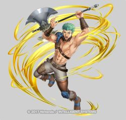  1boy armor axe brown_footwear copyright_notice dieck_(fire_emblem) fire_emblem fire_emblem:_the_binding_blade fire_emblem_heroes green_eyes green_hair grey_background grey_pants holding holding_axe male_focus mikurou_(nayuta) muscular muscular_male official_art open_mouth pants pauldrons shoulder_armor simple_background single_pauldron solo spiked_pauldrons 
