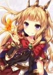  1girl belt blonde_hair bracelet cagliostro_(granblue_fantasy) cape crown flame gauntlets granblue_fantasy grin jewelry long_hair riichu shirt skirt smile solo very_long_hair violet_eyes 