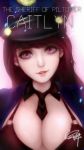  1girl bangs black_bra black_necktie bra breasts brown_hair buckle caitlyn_(league_of_legends) character_name cleavage detached_collar hat head_tilt league_of_legends lipstick long_hair looking_at_viewer makeup parted_lips short_necktie signature solo underwear upper_body violet_eyes zhai_xiao_fei 