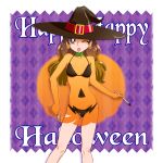  1girl :p amanogawa_kirara bodypaint boo_(takagi) brown_hair choker covered_navel earrings english go!_princess_precure halloween hat highres jack-o&#039;-lantern jewelry one_eye_closed precure solo swimsuit tongue tongue_out twintails violet_eyes witch_hat 