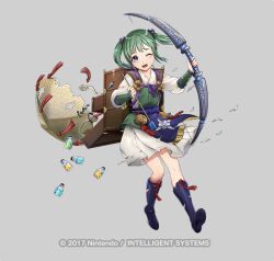  1girl arrow_(projectile) backpack bag boots bow_(weapon) bridal_gauntlets broken_arrow copyright_notice dress fire_emblem fire_emblem_fates fire_emblem_heroes full_body glass_bottle green_hair grey_background hat holding holding_bow_(weapon) holding_weapon japanese_clothes kimono long_hair long_sleeves midori_(fire_emblem) mikurou_(nayuta) official_art one_eye_closed open_mouth simple_background solo torn_clothes twintails violet_eyes weapon 
