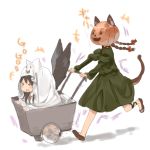  &gt;_&lt; 2girls animal_ears black_wings blanket blush_stickers bow braid cart cat_ears cat_tail closed_eyes dress full_body hair_bow hair_ornament halloween halloween_costume jack-o&#039;-lantern kaenbyou_rin leg_ribbon long_sleeves multiple_girls multiple_tails open_mouth puffy_sleeves reiuji_utsuho ribbon running shoes simple_background smile tail text third_eye touhou twin_braids ume_(plumblossom) white_background wings 
