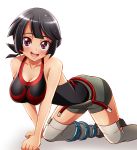  1girl :d absurdres all_fours anklet bare_shoulders black_hair blush breasts cleavage collarbone crawling full_body hanging_breasts higana_(pokemon) highres jewelry large_breasts looking_at_viewer open_mouth over-kneehighs pokemon pokemon_(game) pokemon_oras red_eyes sharumon short_hair short_ponytail short_shorts shorts smile solo tank_top thigh-highs white_background 