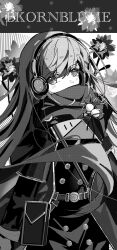  1girl belt bkornblume buttons character_name coat_dress covered_mouth double-breasted flower greyscale headphones highres long_hair looking_at_viewer monochrome reverse:1999 sam_browne_belt scarf scarf_over_mouth seventeen_meimi solo upper_body very_long_hair 