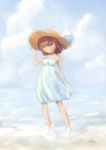  1girl alternate_costume beach bow brown_eyes brown_hair clouds cloudy_sky dress hair_ornament hairclip hand_on_headwear hat hat_bow ikazuchi_(kantai_collection) kantai_collection ocean one_eye_closed short_hair sky smile solo straw_hat sundress wading wamu_(chartreuse) 